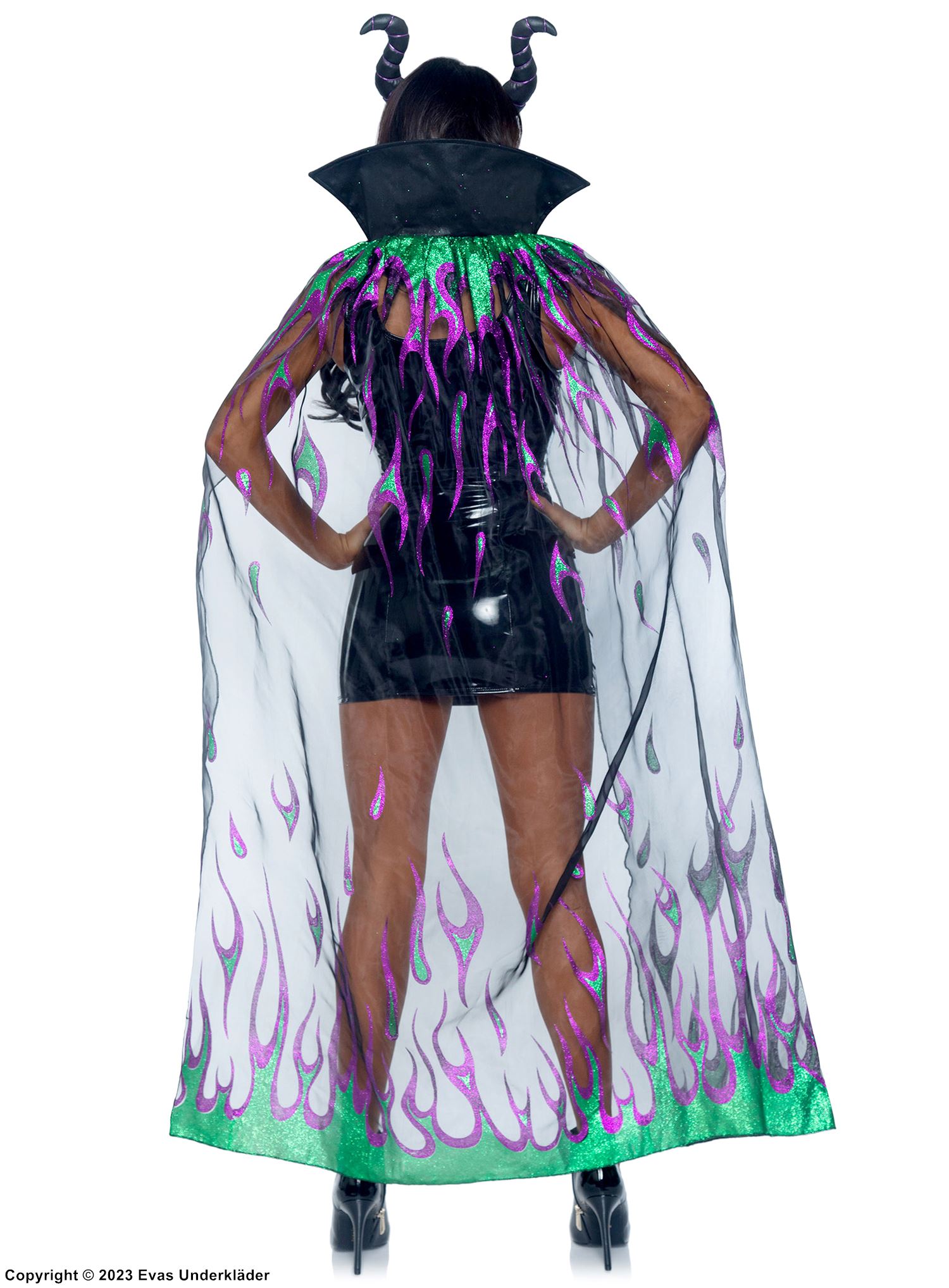 Maleficent från Törnrosa, maskerad-cape med eldsflammor och glitter